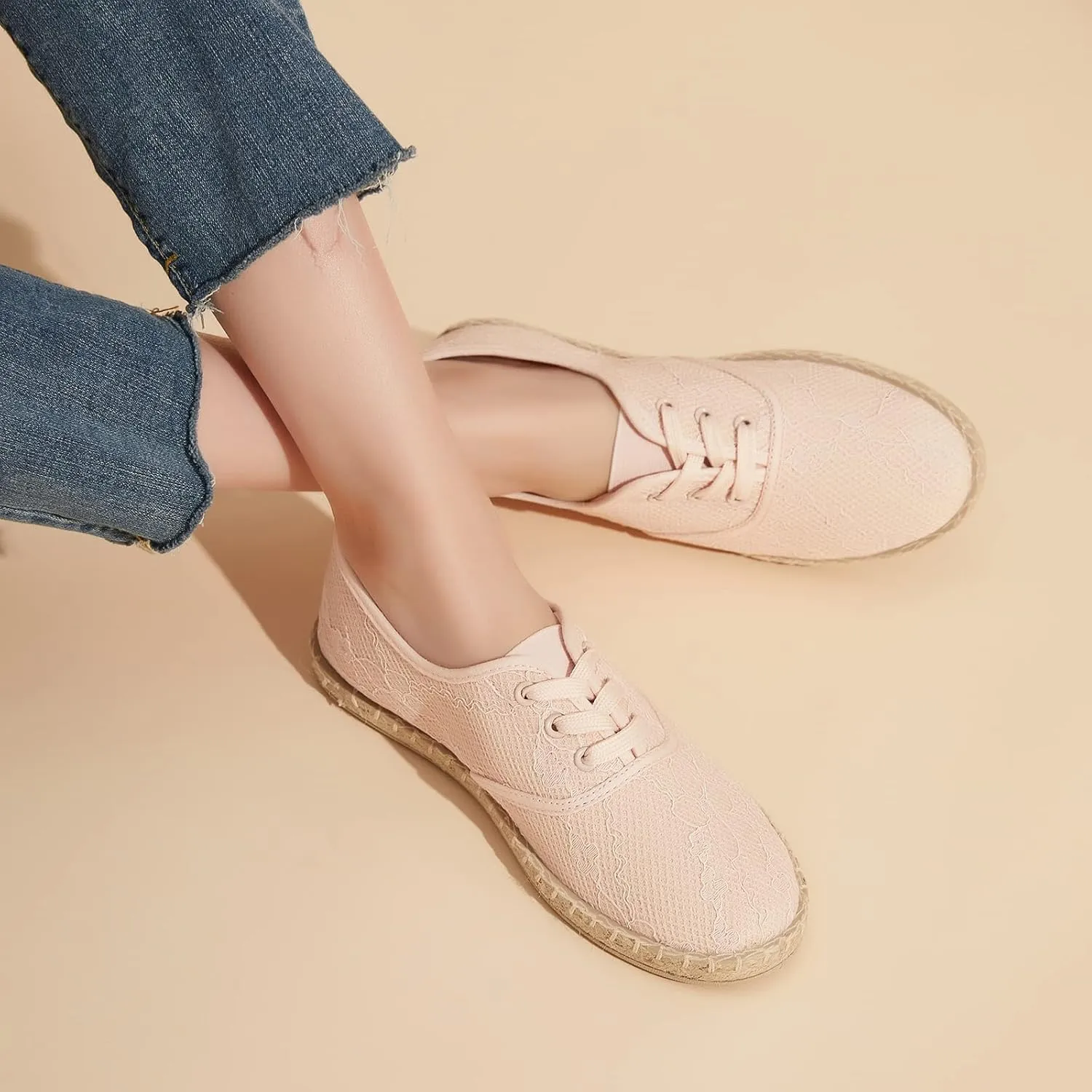 Moudki Women's Flats Mesh Slip-On Shoes Espadrilles Flats Closed Toe Cute Loafer Breathable Casual Shoes for Women (Two Ways: lace up & Slip on)