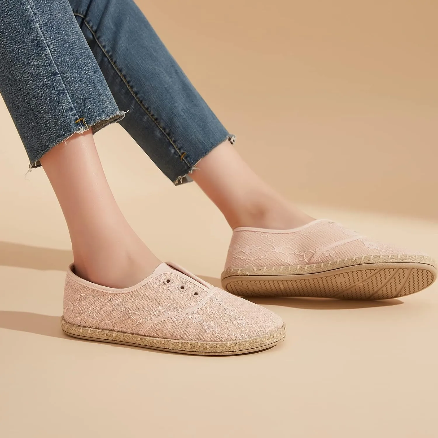 Moudki Women's Flats Mesh Slip-On Shoes Espadrilles Flats Closed Toe Cute Loafer Breathable Casual Shoes for Women (Two Ways: lace up & Slip on)