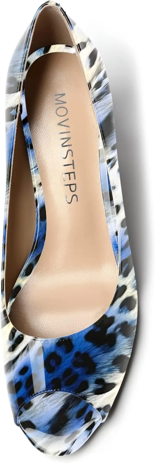 MOVINSTEPS Womens Peep Toe Dating Dress Patent Slip On Open Toe Stiletto Mid Heel Pumps Shoes 2.5 Inch