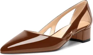 MOVINSTEPS Womens Pointed Toe Dress Slip On Patent Cut Out Work Chunky Low Heel Pumps Shoes 1.5 Inch