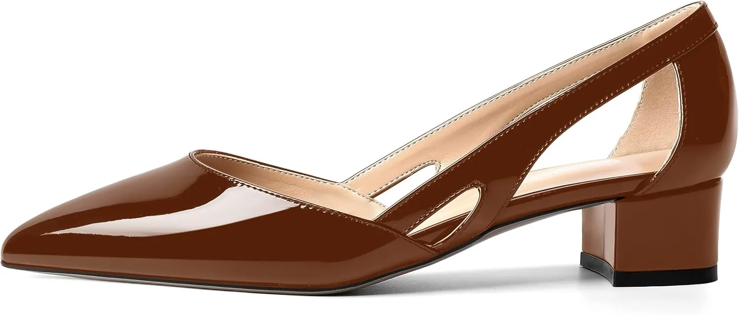 MOVINSTEPS Womens Pointed Toe Dress Slip On Patent Cut Out Work Chunky Low Heel Pumps Shoes 1.5 Inch