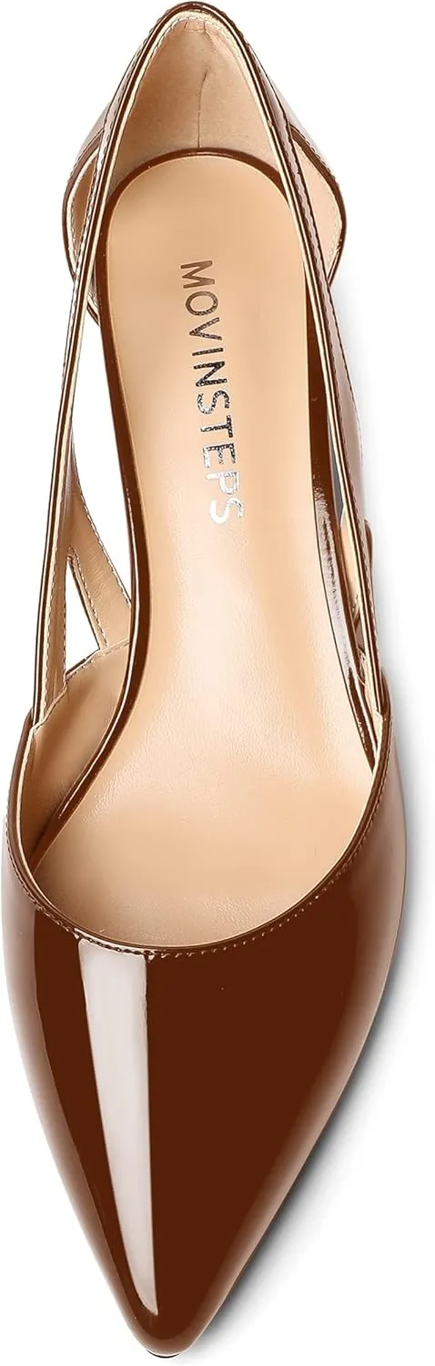 MOVINSTEPS Womens Pointed Toe Dress Slip On Patent Cut Out Work Chunky Low Heel Pumps Shoes 1.5 Inch