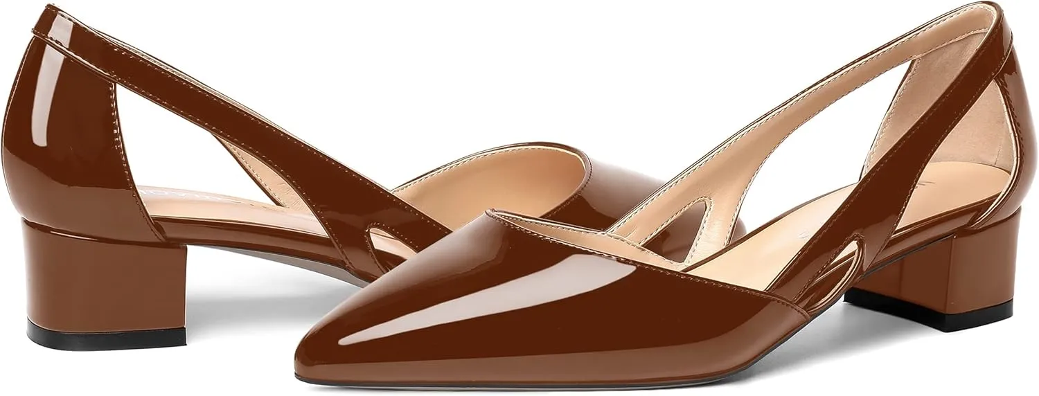 MOVINSTEPS Womens Pointed Toe Dress Slip On Patent Cut Out Work Chunky Low Heel Pumps Shoes 1.5 Inch