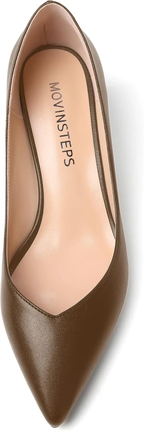 MOVINSTEPS Womens Pointed Toe Slip On Dress Dating Chunky Low Heel Pumps Shoes 2 Inch