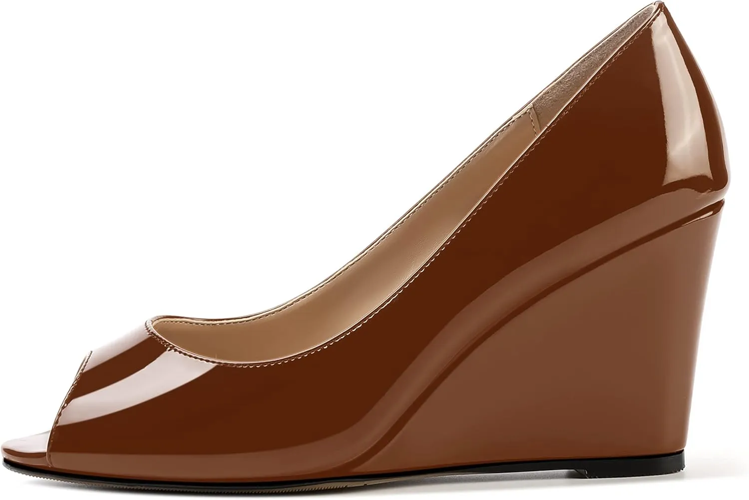 MOVINSTEPS Womens Slip On Work Patent Peep Toe Fashion Wedge High Heel Pumps Shoes 3.3 Inch