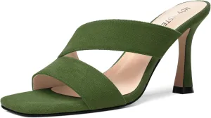 MOVINSTEPS Womens Solid Casual Slip On Suede Dating Square Toe Spool High Heel Heeled Sandals 3.3 Inch