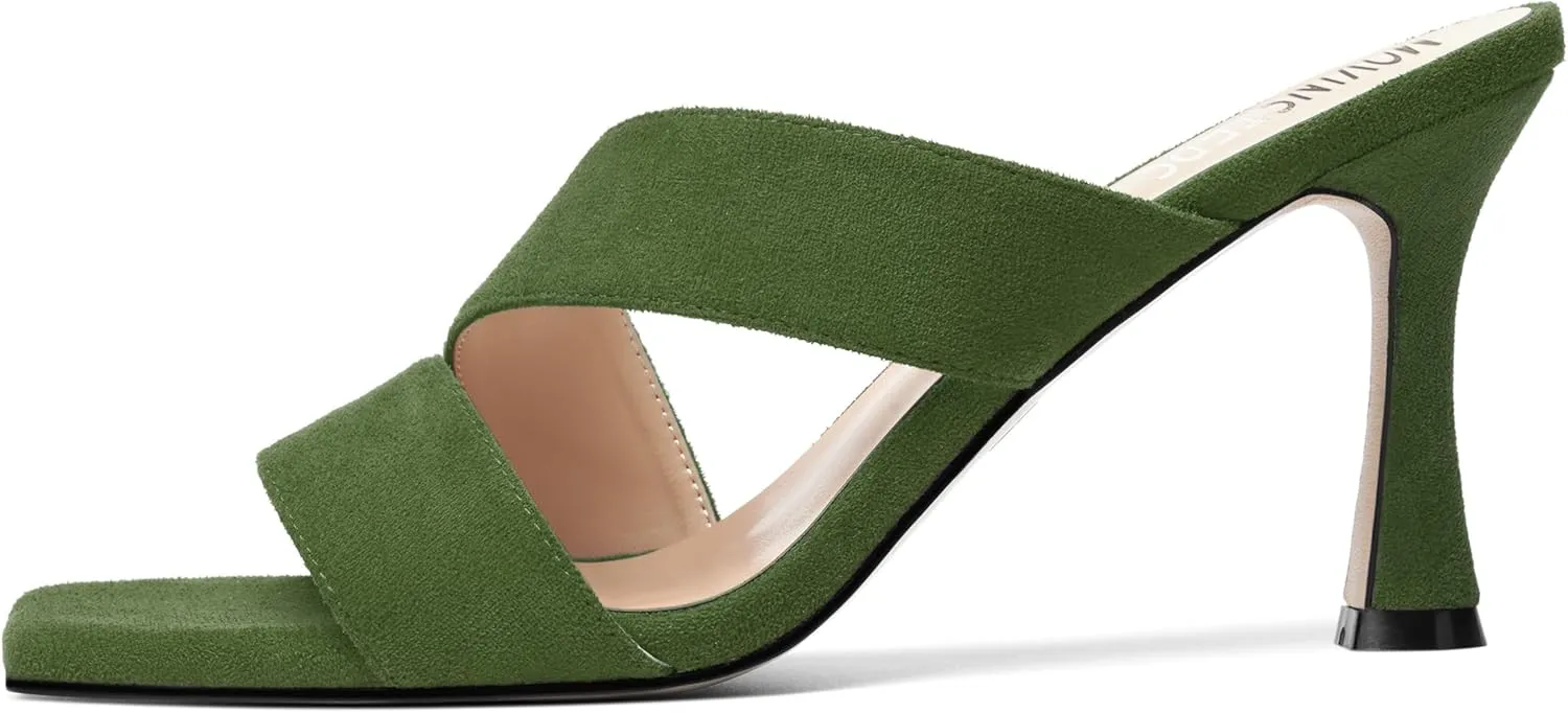 MOVINSTEPS Womens Solid Casual Slip On Suede Dating Square Toe Spool High Heel Heeled Sandals 3.3 Inch