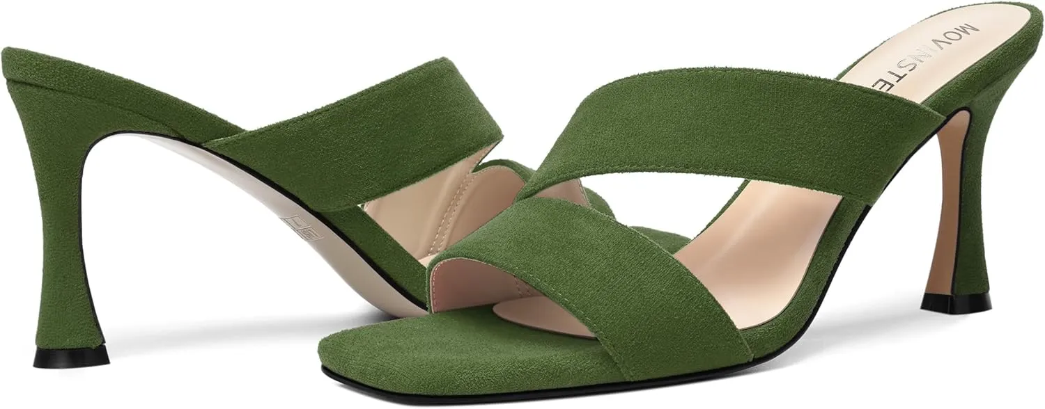 MOVINSTEPS Womens Solid Casual Slip On Suede Dating Square Toe Spool High Heel Heeled Sandals 3.3 Inch