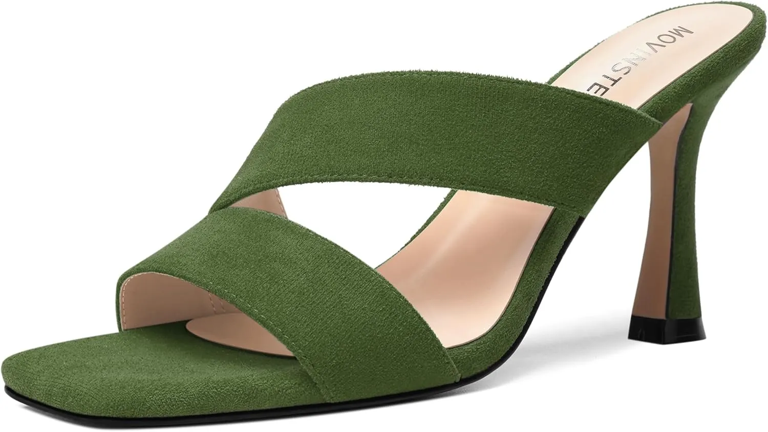 MOVINSTEPS Womens Solid Casual Slip On Suede Dating Square Toe Spool High Heel Heeled Sandals 3.3 Inch