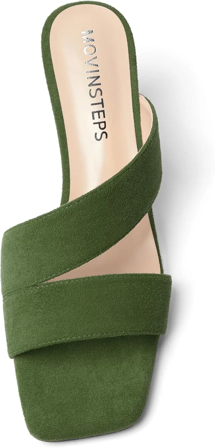 MOVINSTEPS Womens Solid Casual Slip On Suede Dating Square Toe Spool High Heel Heeled Sandals 3.3 Inch