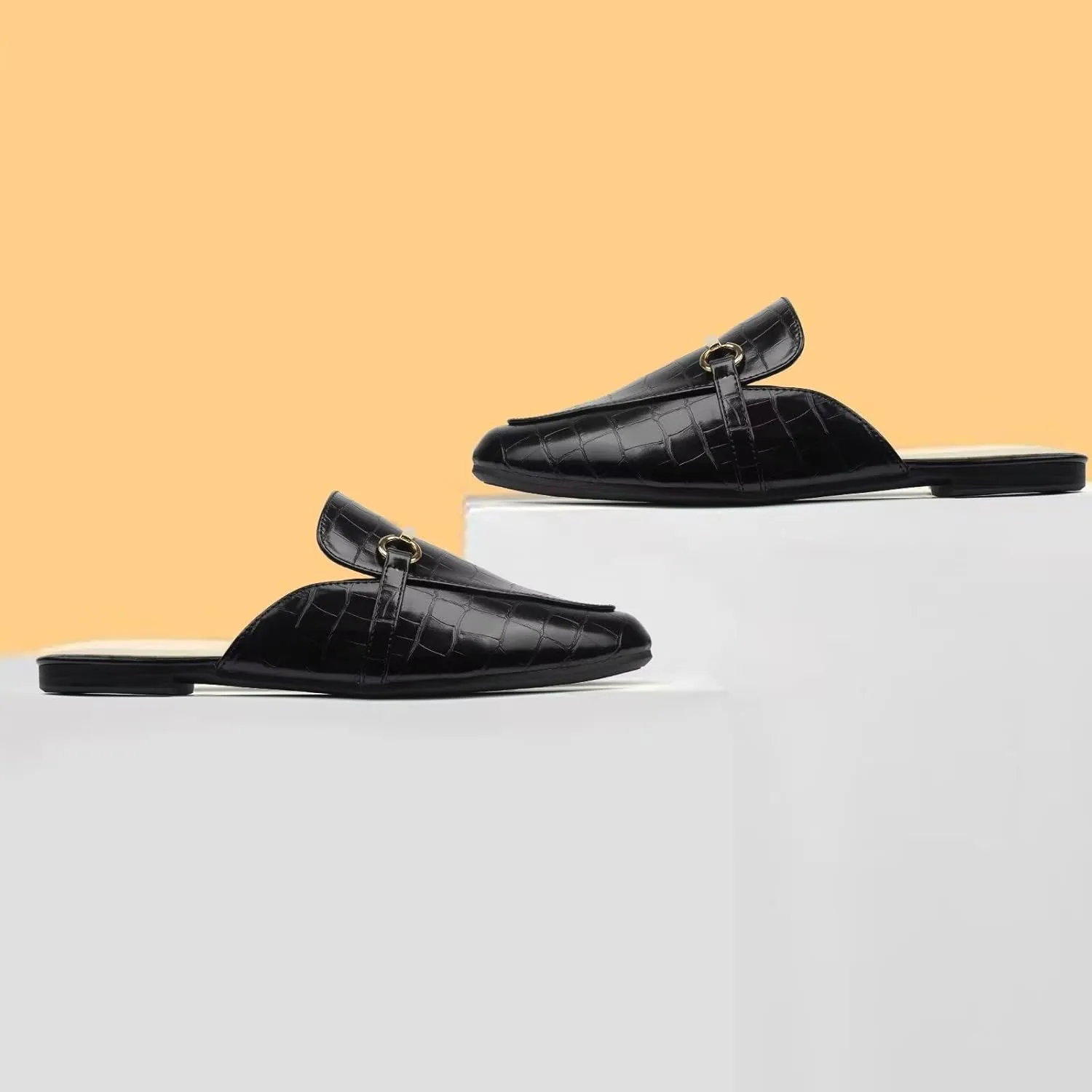 MUSSHOE Mules for Woman Buckle Flats Comfortable Slip on Women Mules Flats Shoes Backless Loafers