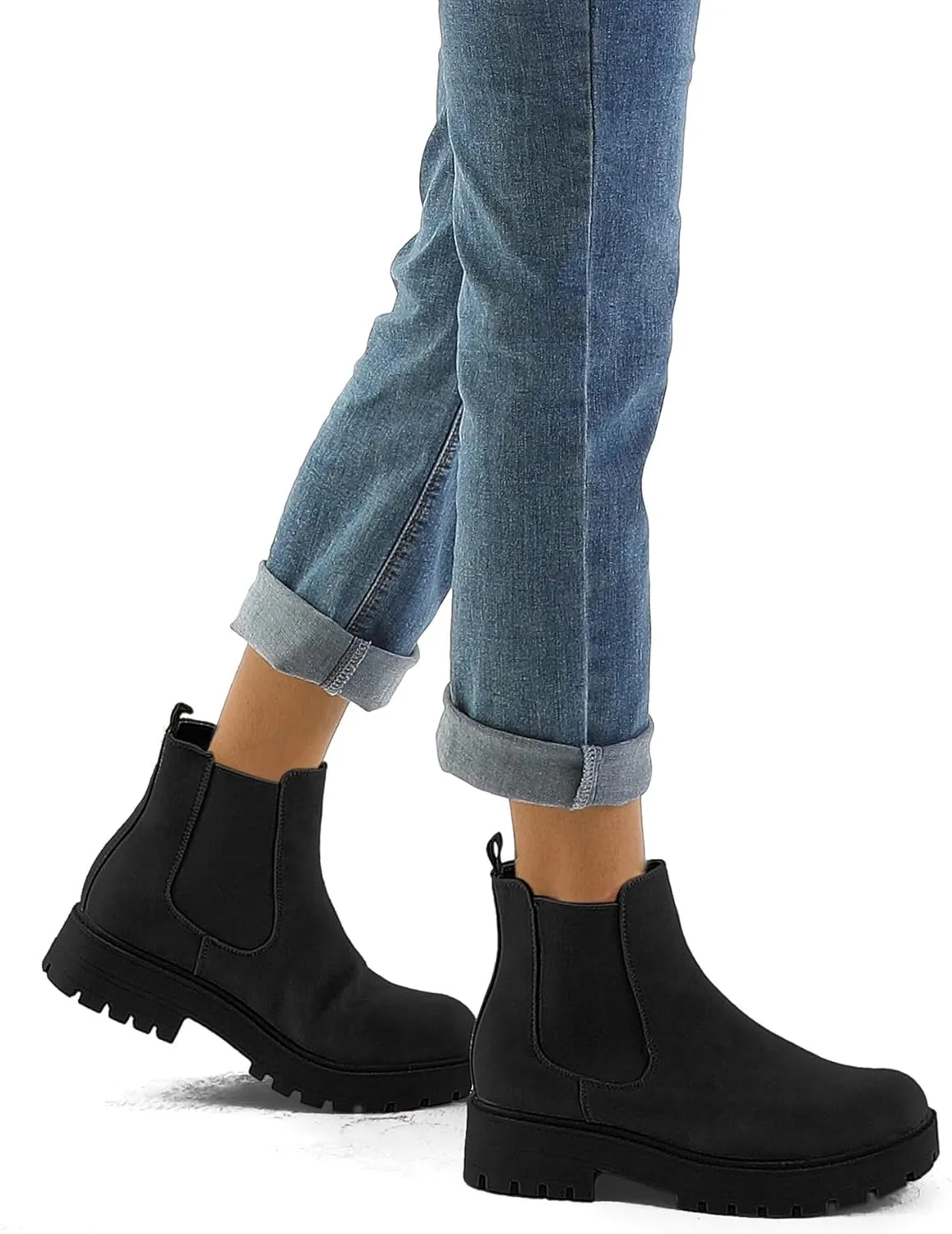 mysoft Women's Chelsea boots Low Heel Slip On Lug Sole Elastic Ankle Booties