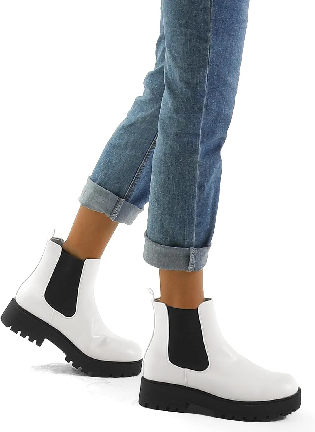 mysoft Women's Chelsea boots Low Heel Slip On Lug Sole Elastic Ankle Booties