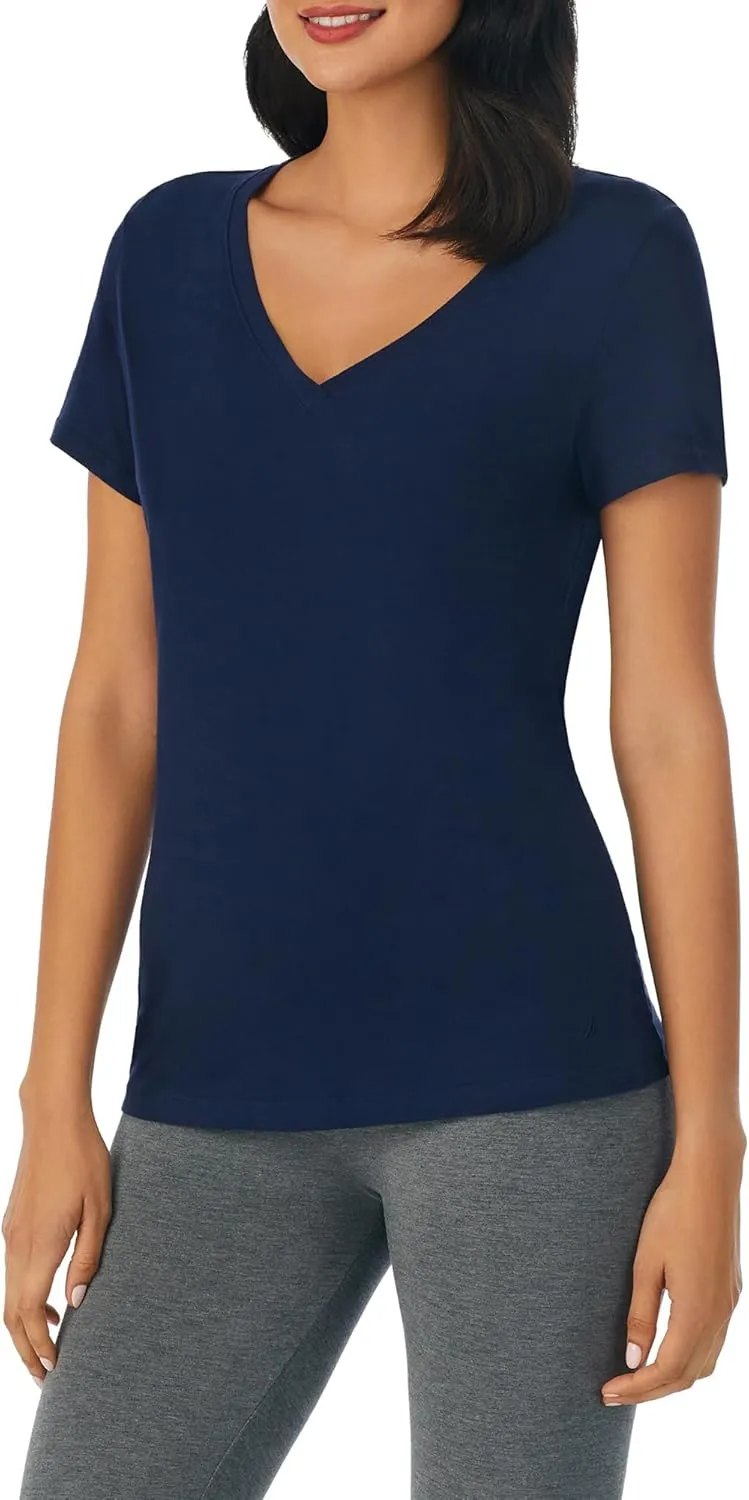 Nautica Womens Sleep Shirt - Lightweight, Breathable Pajama Top - Cotton Knit Jersey V-Neck Sleepwear and Loungewear