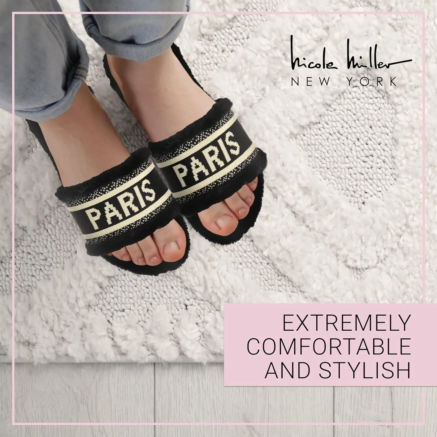 Nicole Miller Paris Flat Slide Slippers for Women, Chic Faux Fur Lined Sandals - Fashionable Women's Slippers Perfect for Indoor & Outdoor Use - Stylish Gifts for Women