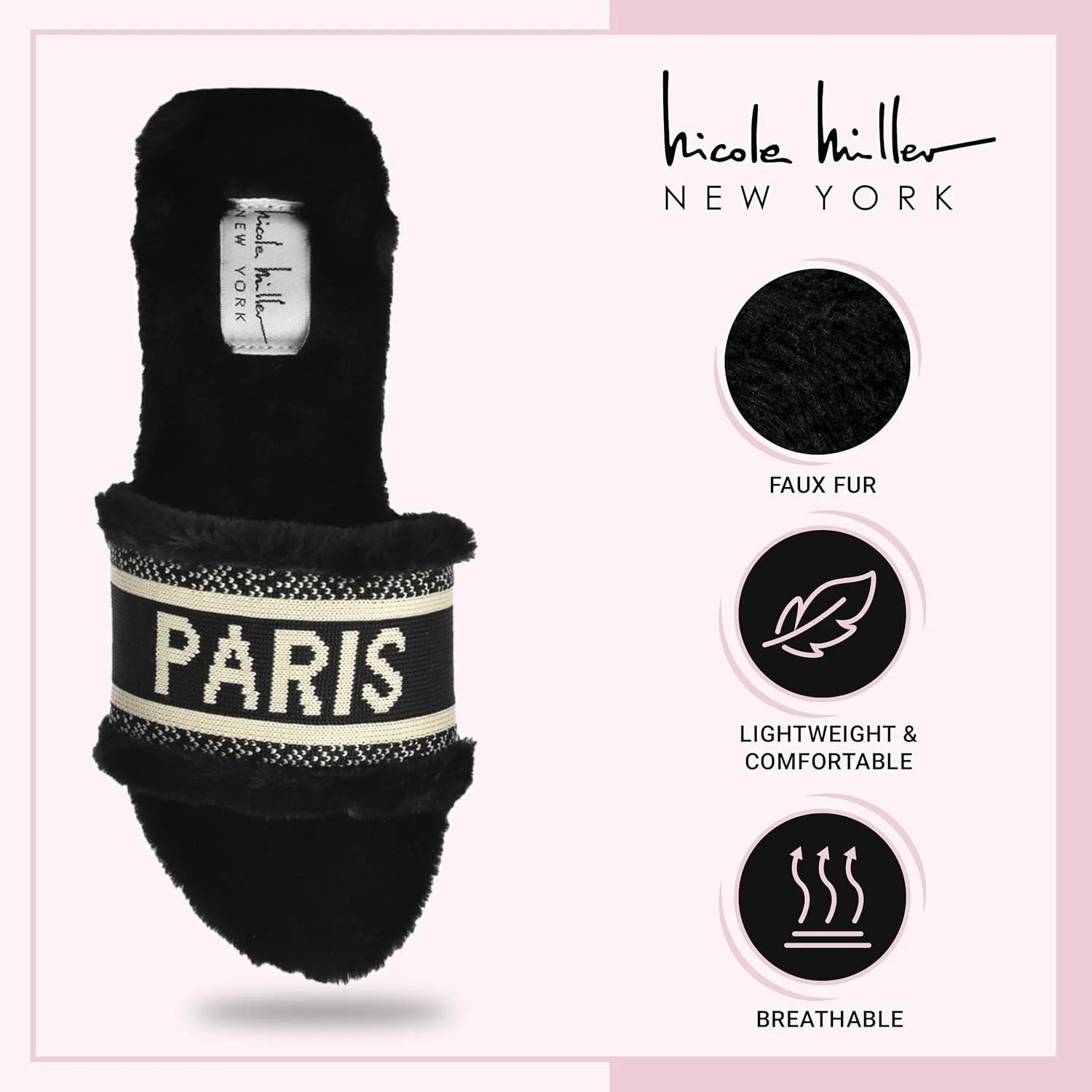Nicole Miller Paris Flat Slide Slippers for Women, Chic Faux Fur Lined Sandals - Fashionable Women's Slippers Perfect for Indoor & Outdoor Use - Stylish Gifts for Women
