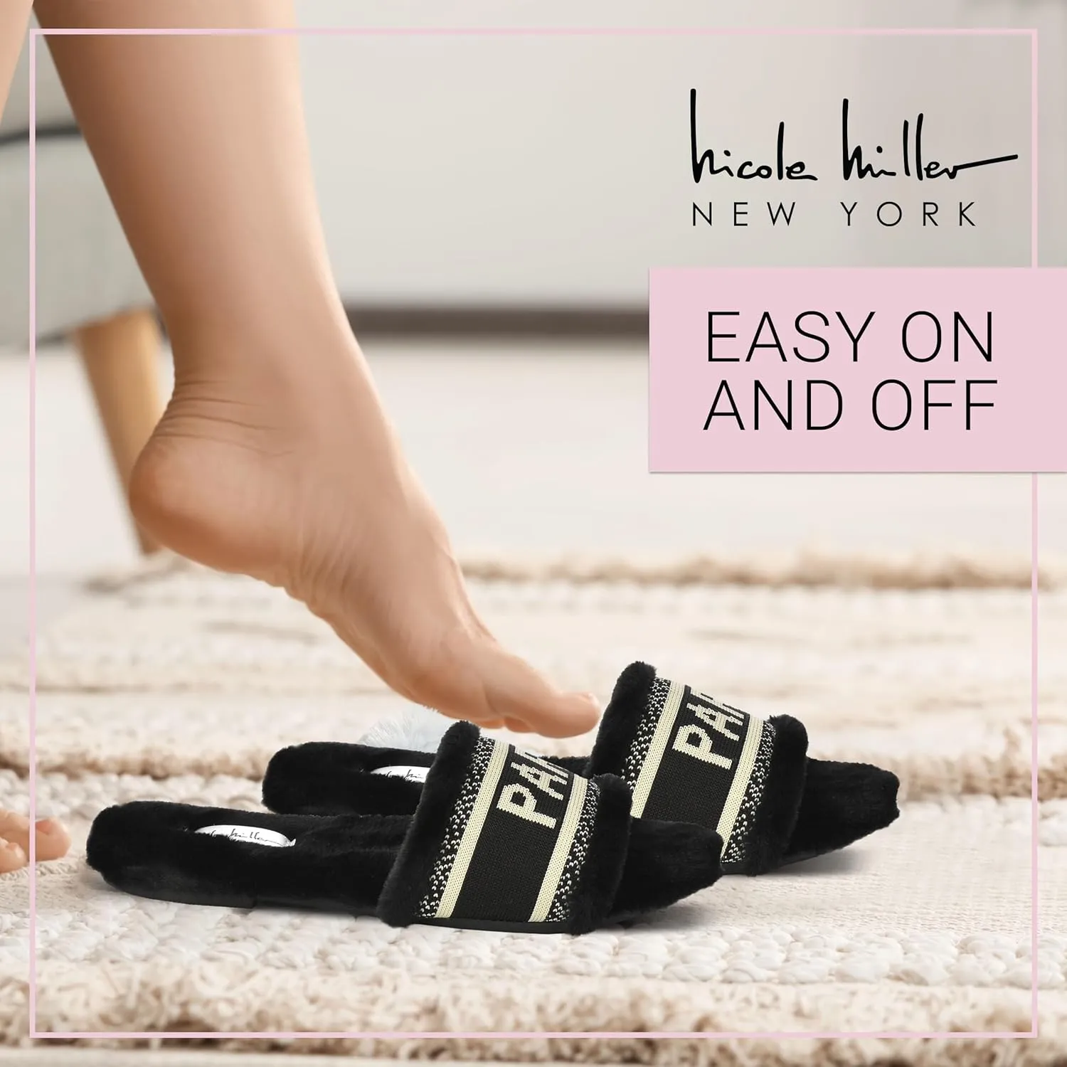 Nicole Miller Paris Flat Slide Slippers for Women, Chic Faux Fur Lined Sandals - Fashionable Women's Slippers Perfect for Indoor & Outdoor Use - Stylish Gifts for Women