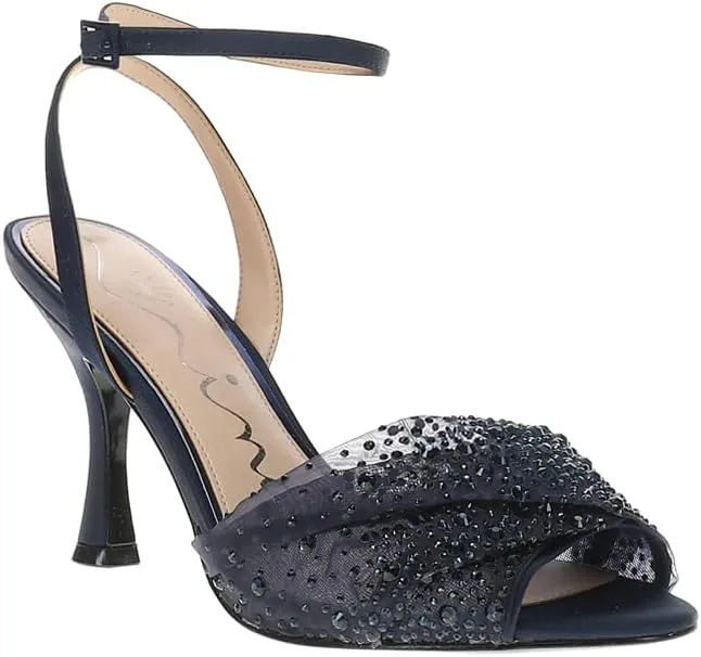 NINA Womens Vida Rhinestone Ankle Strap Dress Sandals Mid Heel 2-3" - Blue