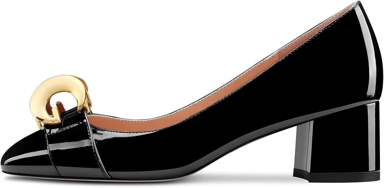 NobleOnly Women Mid Chunky Block Heel Square Toe Slip-on Pumps Office Casual Party Dress Basic Classic Shoes 2.0 Inches Heels