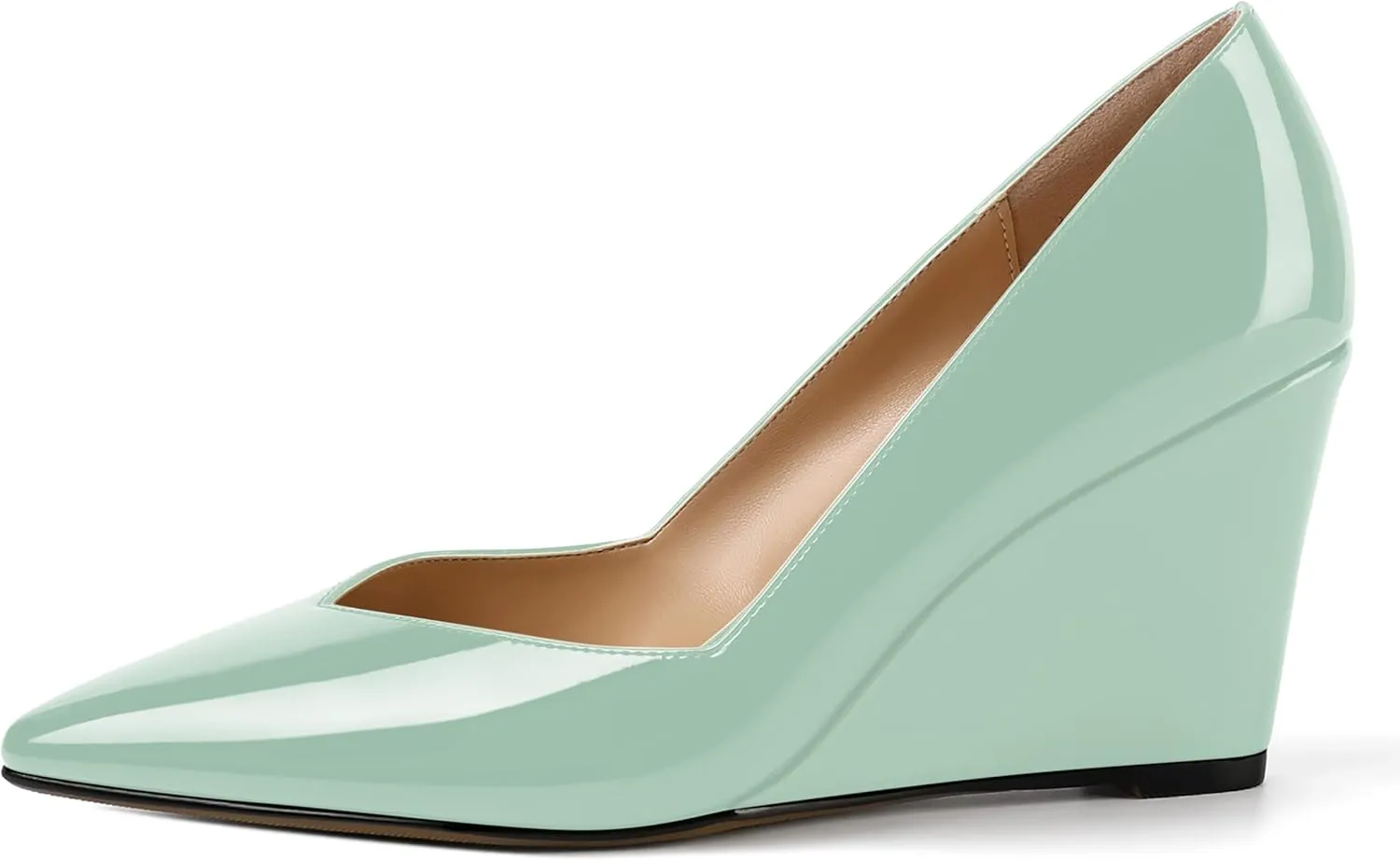 NUMALEO Womens Patent Slip On Casual Solid Pointed Toe Office Wedge High Heel Pumps Shoes 3.3 Inch