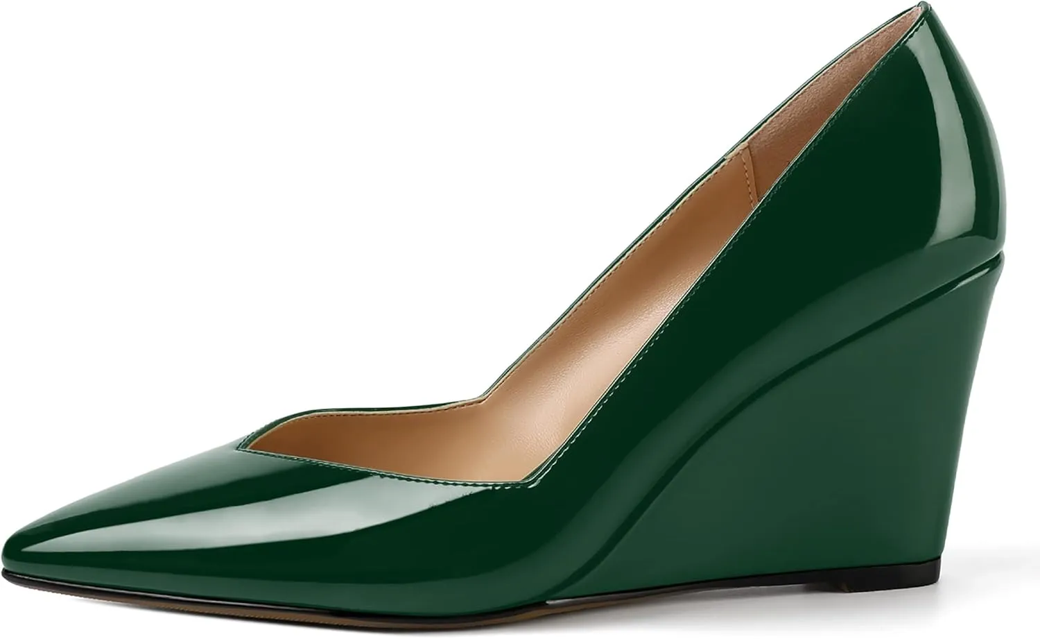 NUMALEO Womens Patent Slip On Casual Solid Pointed Toe Office Wedge High Heel Pumps Shoes 3.3 Inch