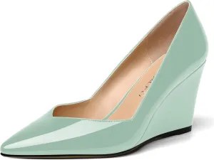NUMALEO Womens Patent Slip On Casual Solid Pointed Toe Office Wedge High Heel Pumps Shoes 3.3 Inch