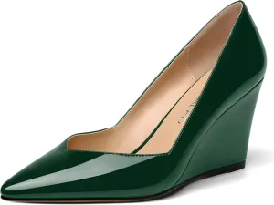 NUMALEO Womens Patent Slip On Casual Solid Pointed Toe Office Wedge High Heel Pumps Shoes 3.3 Inch