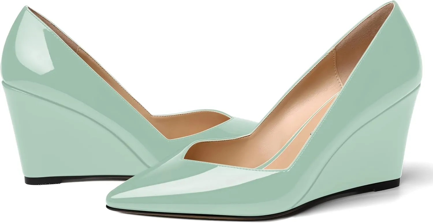 NUMALEO Womens Patent Slip On Casual Solid Pointed Toe Office Wedge High Heel Pumps Shoes 3.3 Inch