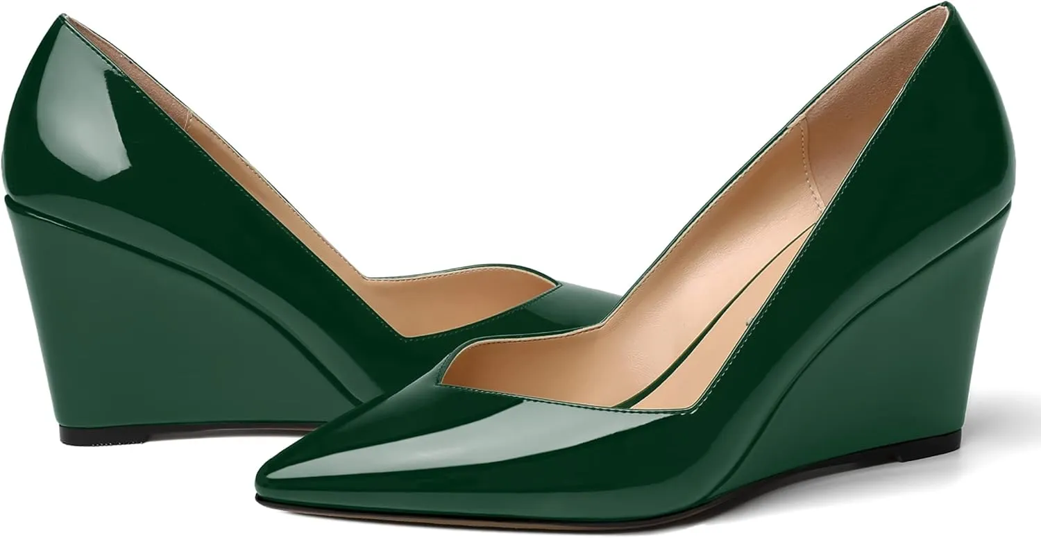NUMALEO Womens Patent Slip On Casual Solid Pointed Toe Office Wedge High Heel Pumps Shoes 3.3 Inch