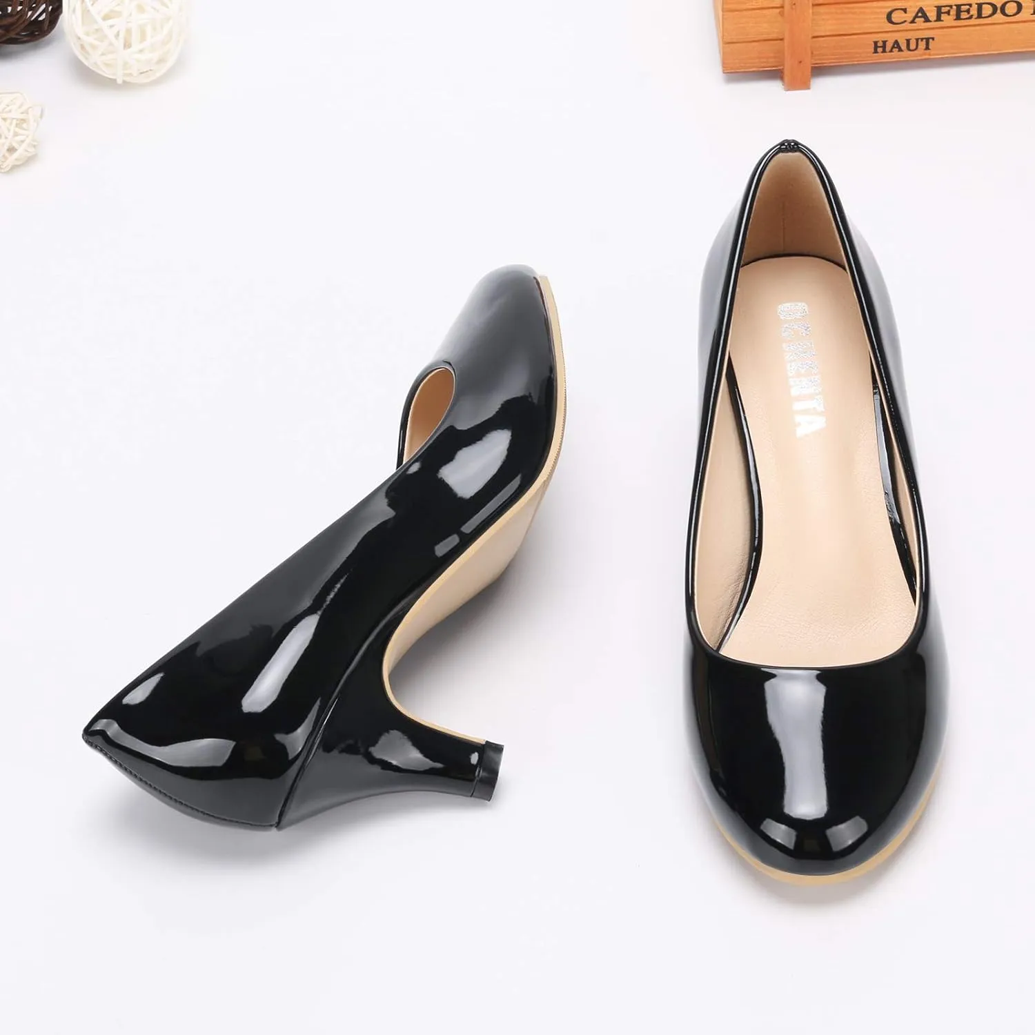 OCHENTA Women's Comfortable Low Kitten Heel Dress Shoes Round Toe Slip On Work Pumps