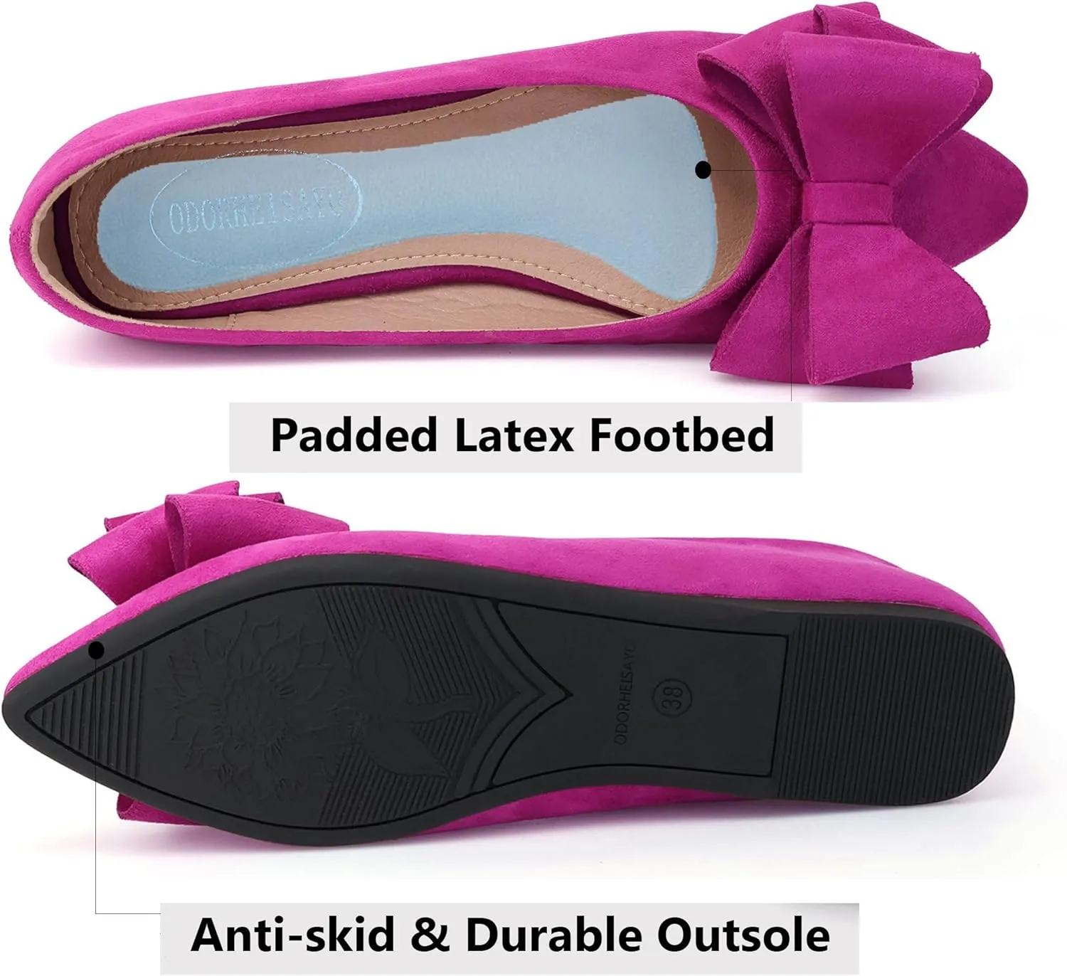 ODORHEISAYO Womens Bows Dress Shoes Cushion Pointy Toe Casual Flat Shoes for Women, Suede Red Ballet Flats Dressy, Anti-Slip Slip on Festival Flats for Wedding Party Holiday Business