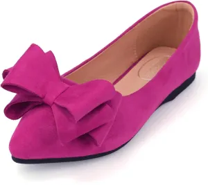 ODORHEISAYO Womens Bows Dress Shoes Cushion Pointy Toe Casual Flat Shoes for Women, Suede Red Ballet Flats Dressy, Anti-Slip Slip on Festival Flats for Wedding Party Holiday Business
