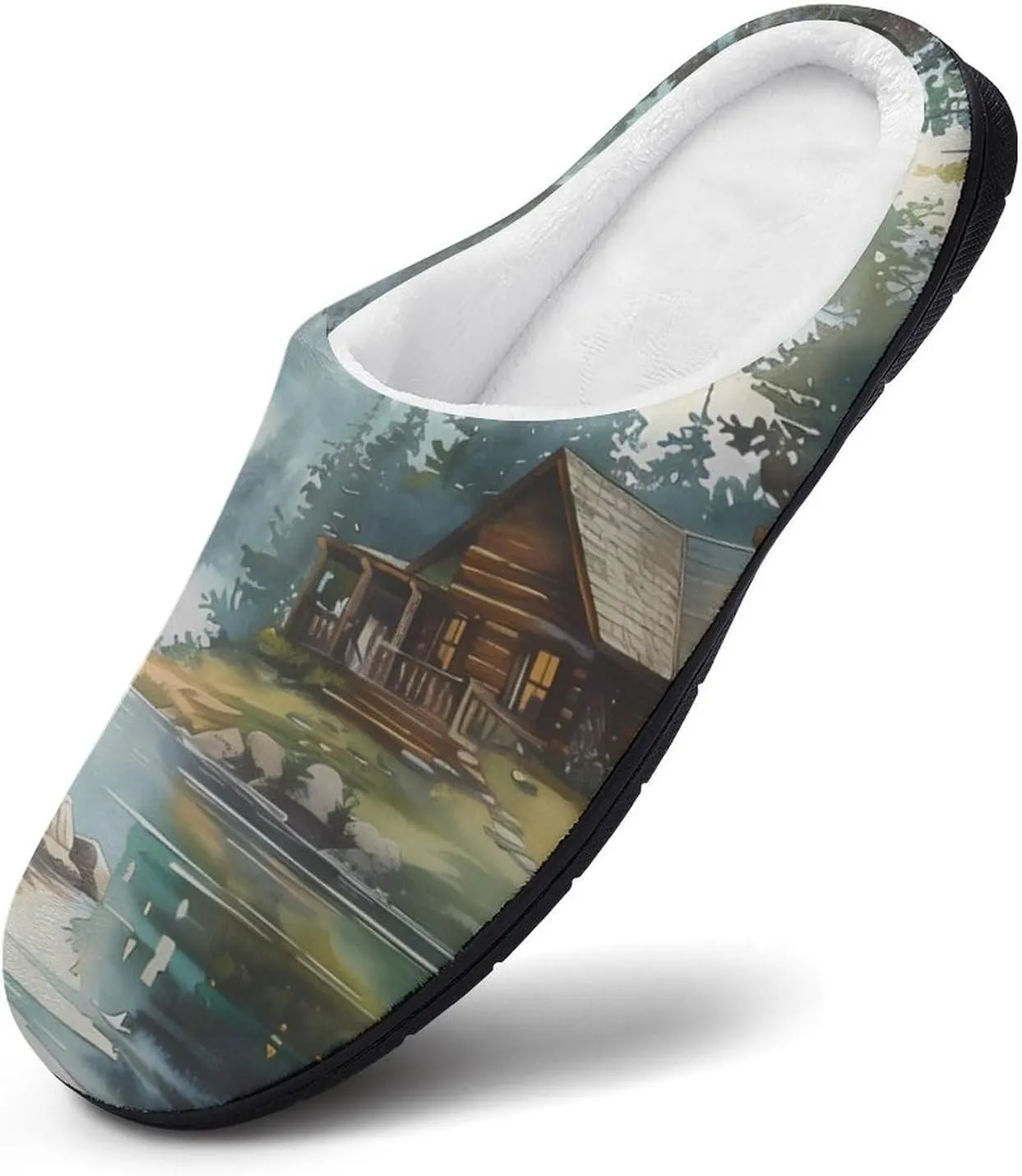 Old Cabin Lakeside Scenery Comfort Mens Cotton Slippers Winter Warm Slip-on House Shoes For Home Office Hotel