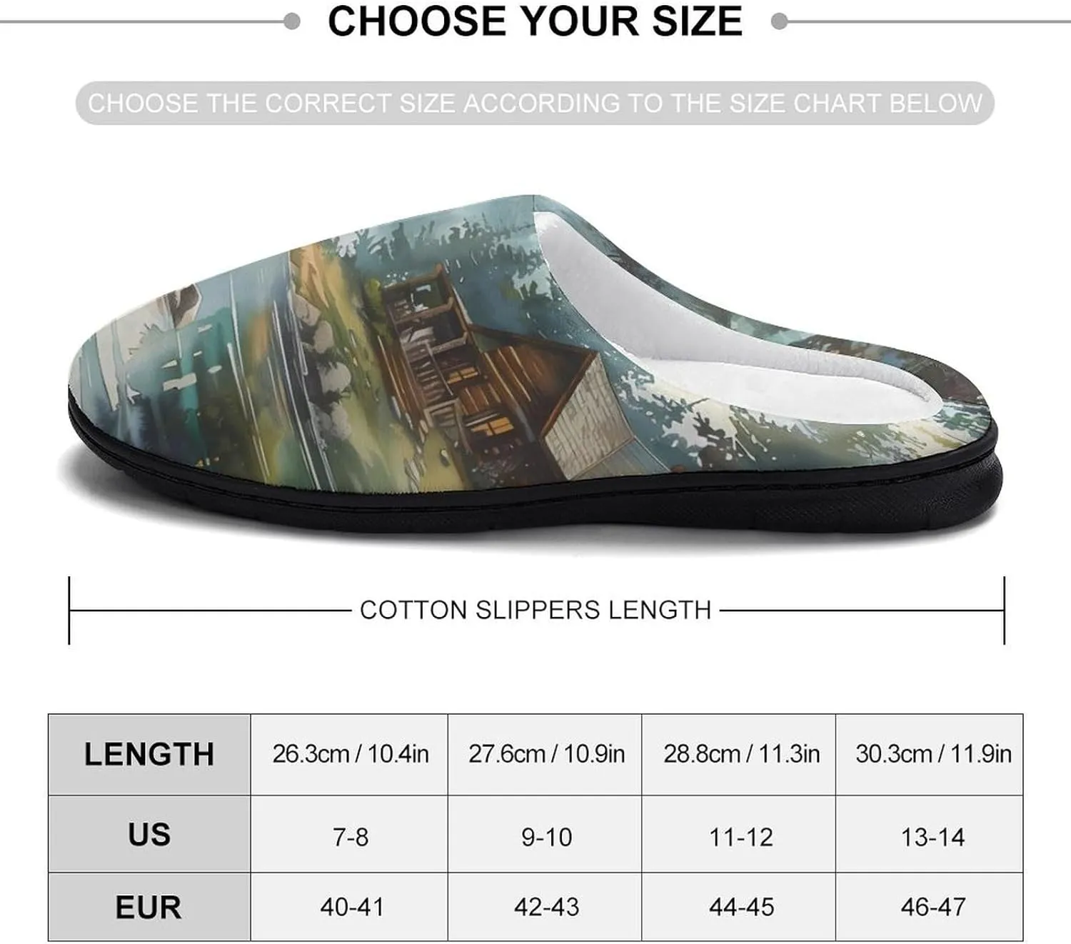 Old Cabin Lakeside Scenery Comfort Mens Cotton Slippers Winter Warm Slip-on House Shoes For Home Office Hotel