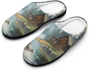Old Cabin Lakeside Scenery Comfort Mens Cotton Slippers Winter Warm Slip-on House Shoes For Home Office Hotel
