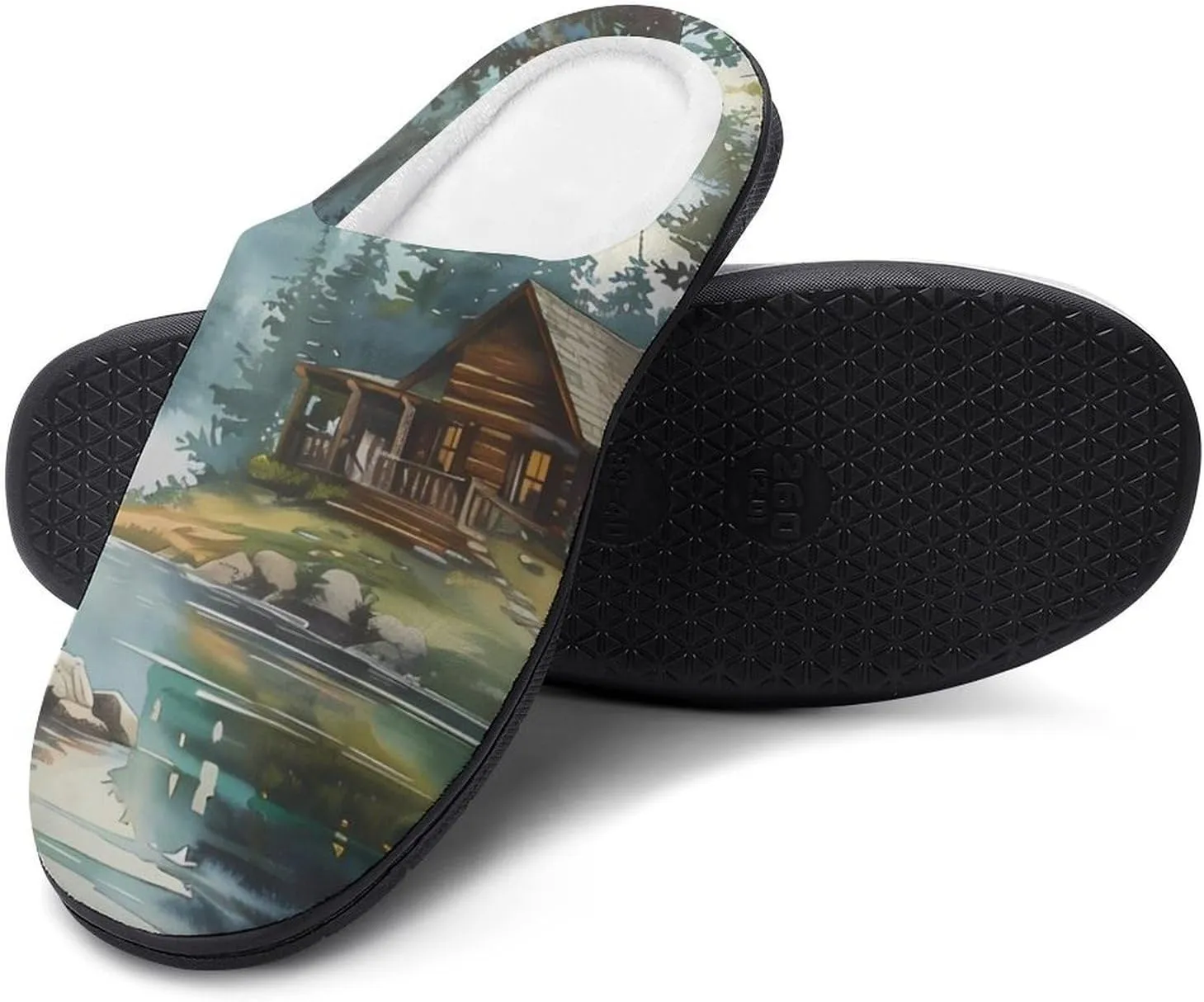 Old Cabin Lakeside Scenery Comfort Mens Cotton Slippers Winter Warm Slip-on House Shoes For Home Office Hotel