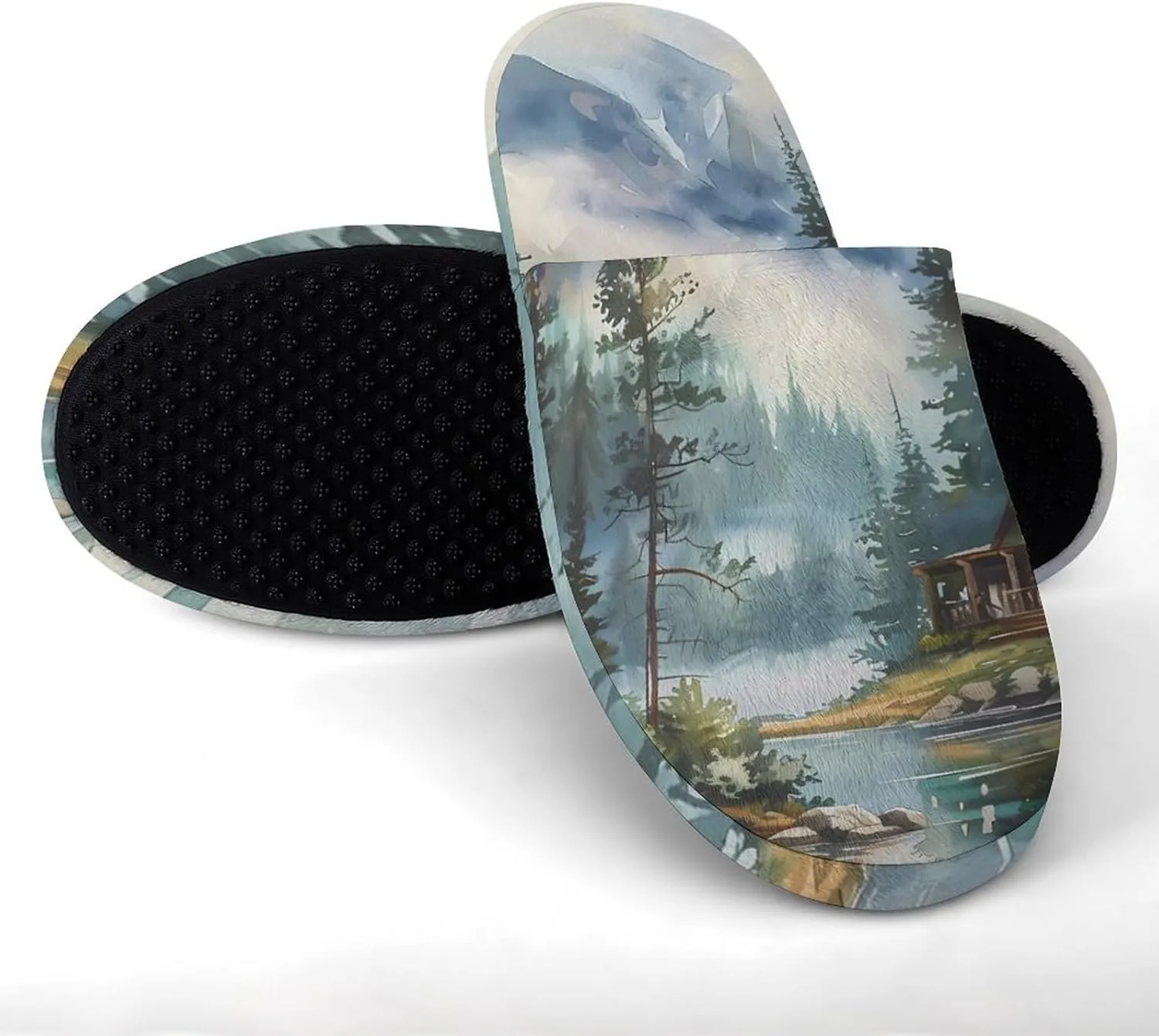 Old Cabin Lakeside Scenery Cozy Womens Flannel Slippers Winter Warm Slip-on House Shoes For Home Office Hotel