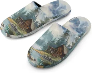 Old Cabin Lakeside Scenery Cozy Womens Flannel Slippers Winter Warm Slip-on House Shoes For Home Office Hotel