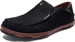OLUKAI Moloa Men's Premium Leather Shoes, Easy Slip On & Off Design, Casual & Versatile Loafer, Drop-in Heel & Enhanced Traction, Black/Toffee, 10.5