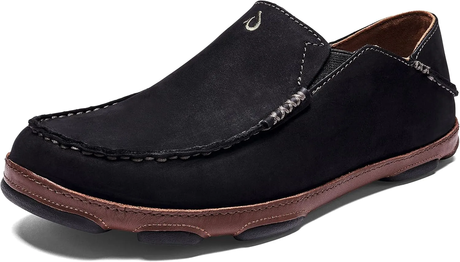 OLUKAI Moloa Men's Premium Leather Shoes, Easy Slip On & Off Design, Casual & Versatile Loafer, Drop-in Heel & Enhanced Traction, Black/Toffee, 10.5