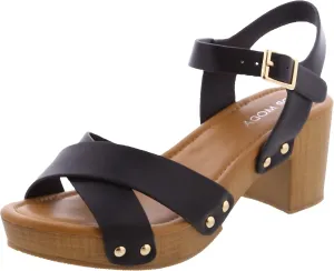 Open Toe Cross Strap Faux Wood Block Heel Sandal