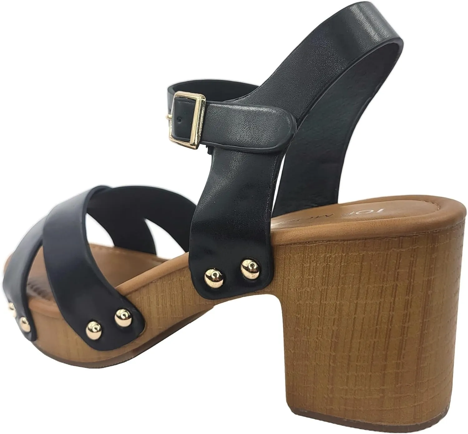 Open Toe Cross Strap Faux Wood Block Heel Sandal