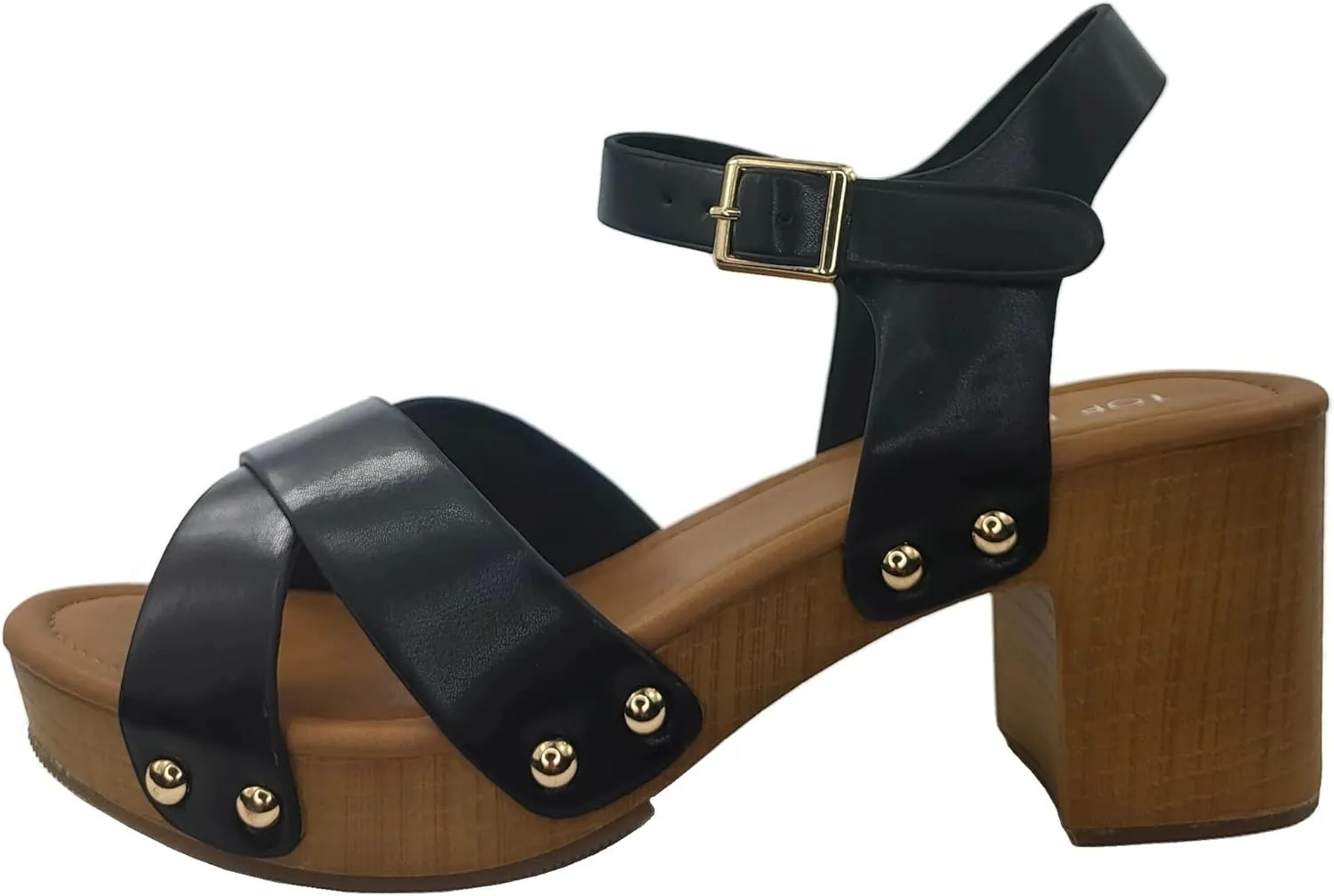 Open Toe Cross Strap Faux Wood Block Heel Sandal