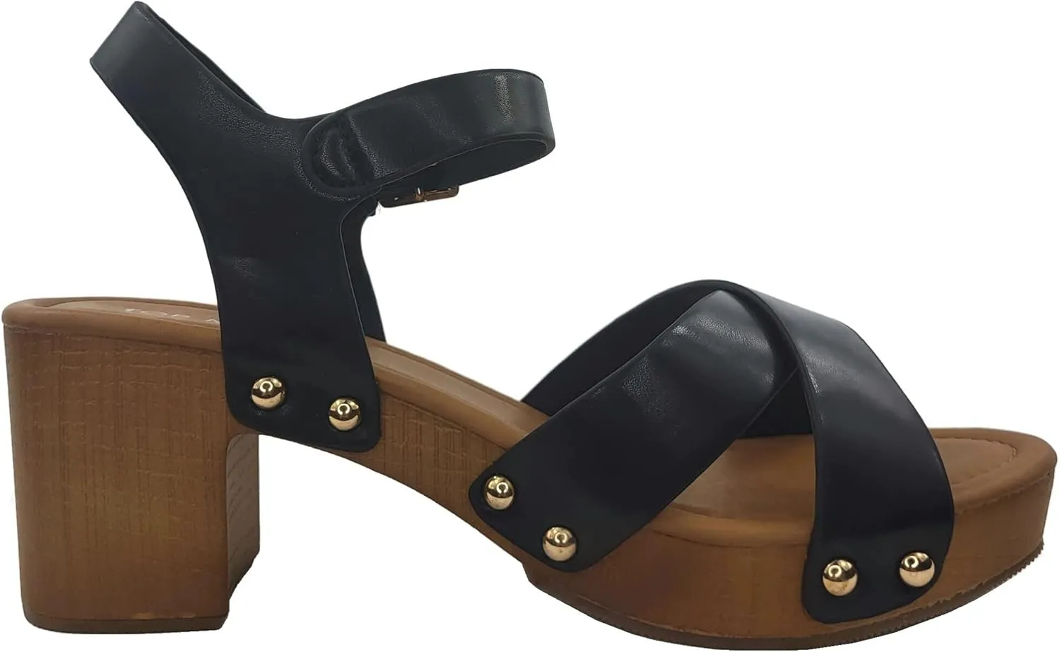 Open Toe Cross Strap Faux Wood Block Heel Sandal