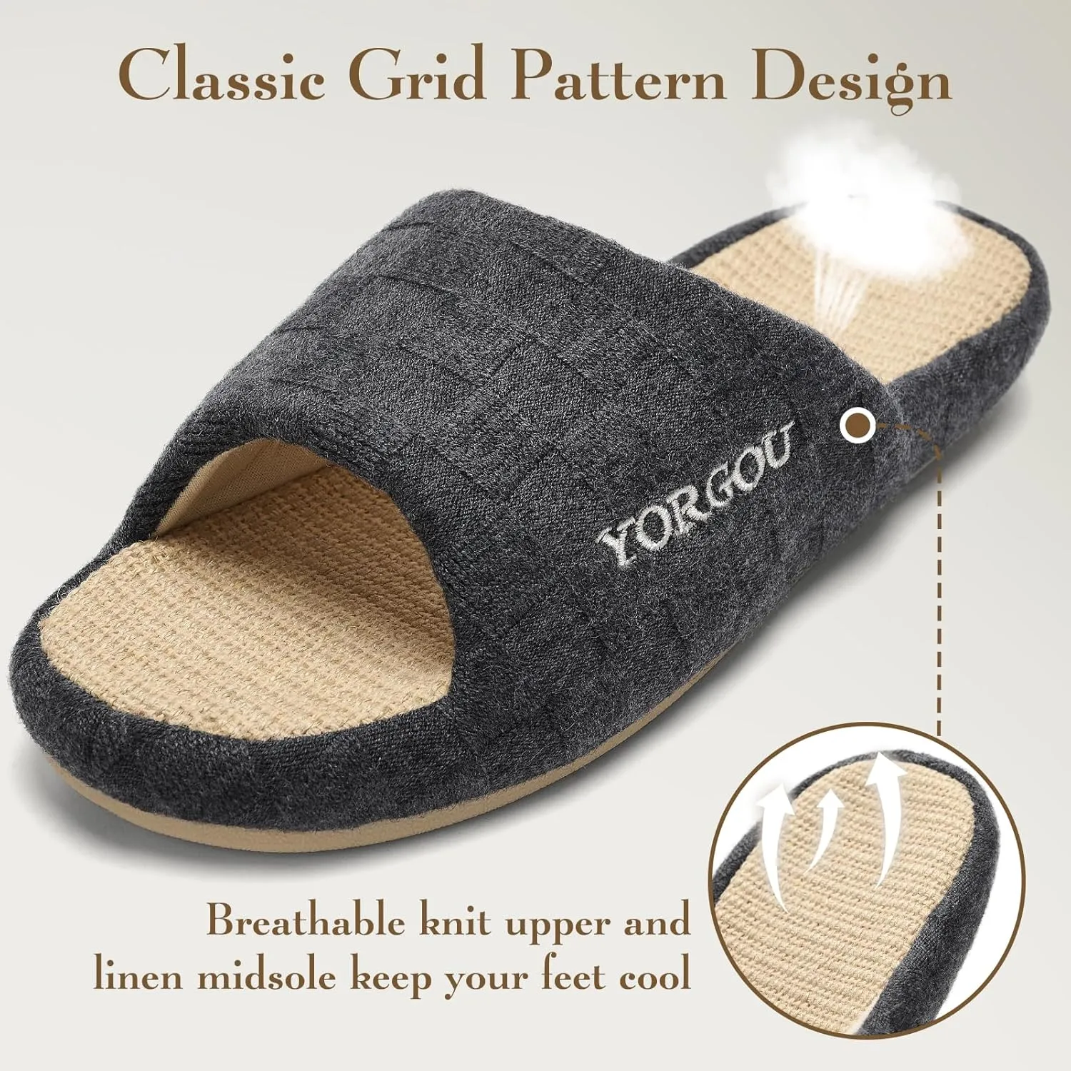 Open Toe Slippers for Women - Unisex Non-Slip Comfy House Slippers Linen Slip On Ladies Slides Breathable Indoor Shoes Washable