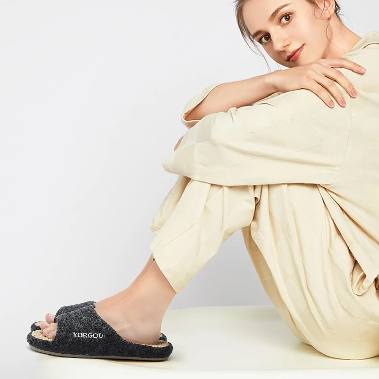 Open Toe Slippers for Women - Unisex Non-Slip Comfy House Slippers Linen Slip On Ladies Slides Breathable Indoor Shoes Washable