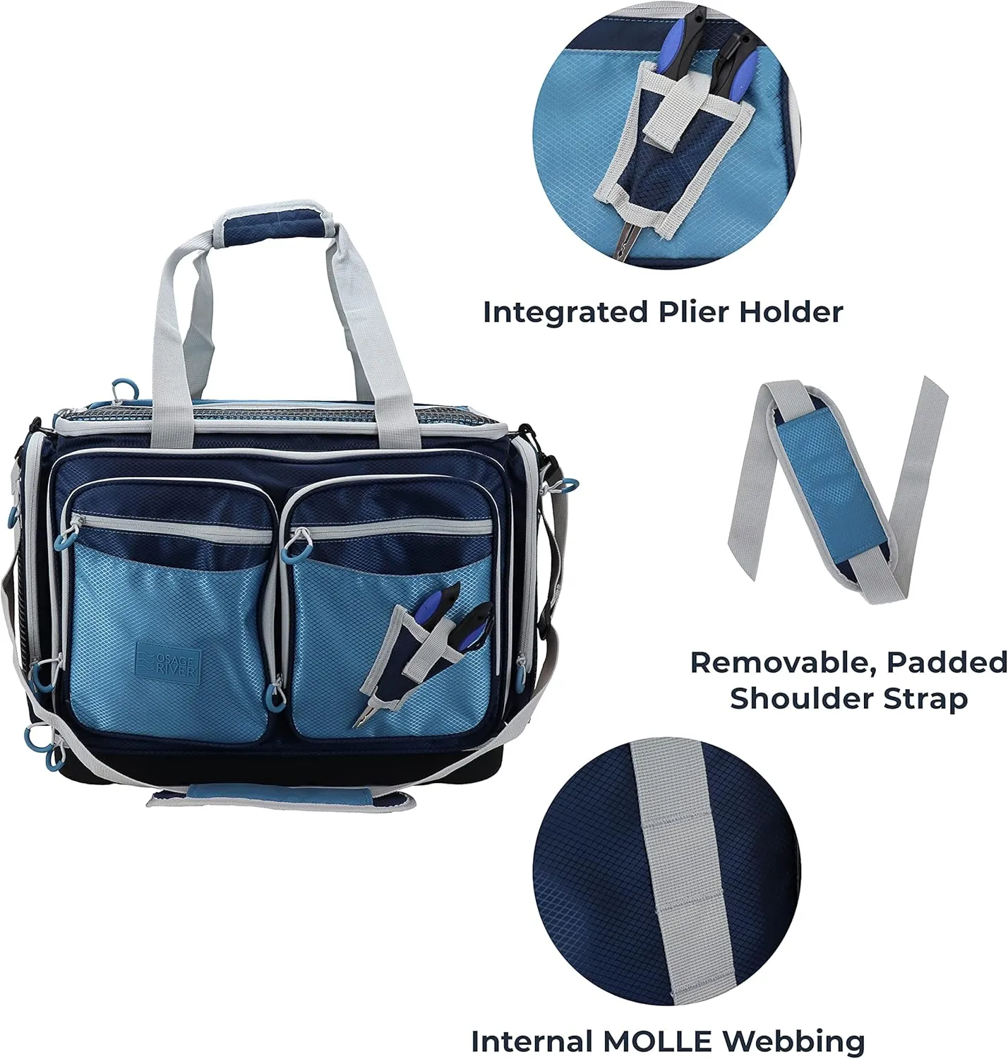 OSAGE RIVER Fishing Tackle Bag, Saltwater Fishing Gear Bag, Tackle Box Organizer with Waterproof Non-Slip Bottom, Padded Shoulder Strap, and Fishing Pliers, Fishing Gifts for Men