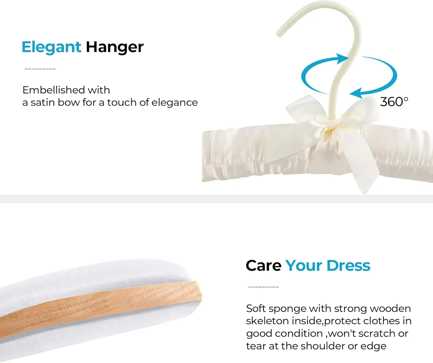 Padded Hanger for Sweaters - 17 Inch Extra Large Heavy Duty Satin Covered Coat Hangers No Shoulder Bump for Women Clothes, Sweaters, Dresses, Clothing, Weddings, Lingerie Pack of 10, Ivory