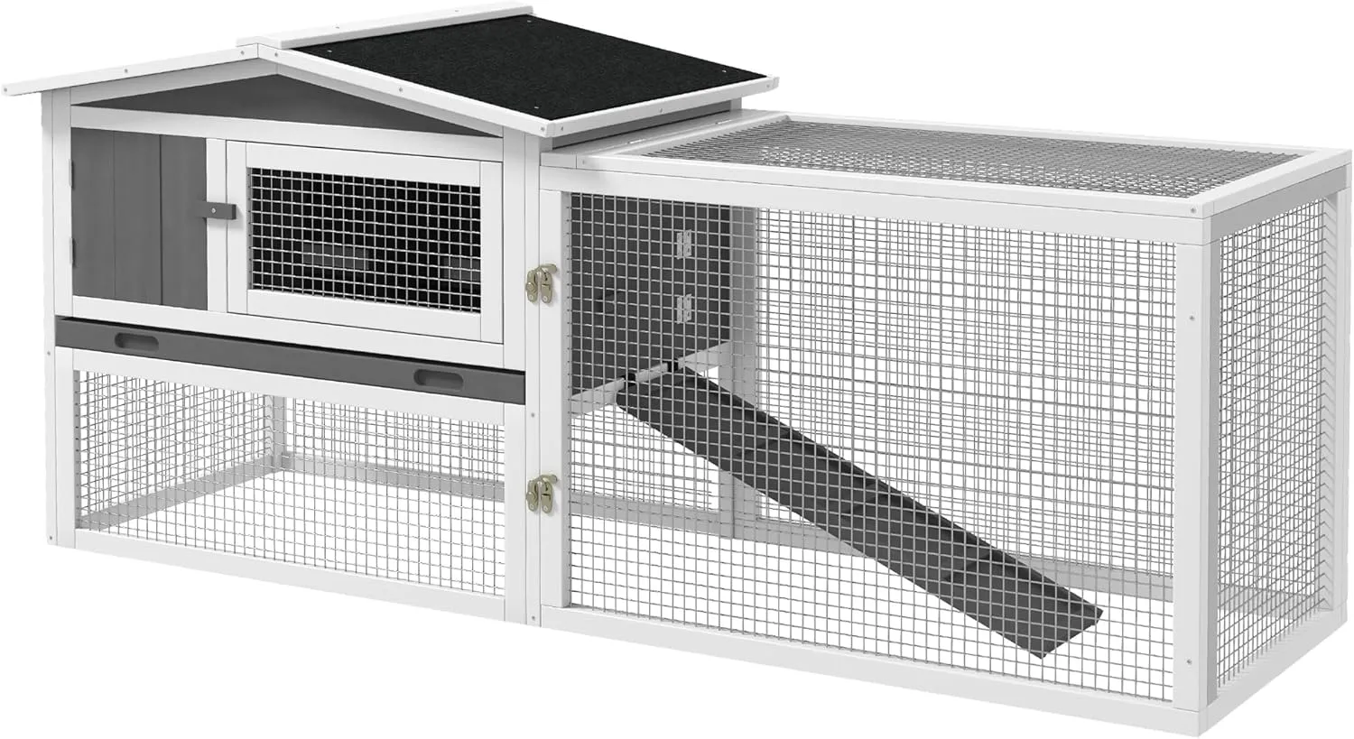 PawHut Rabbit Hutch 2-Story Bunny Cage, Guinea Pig Cage, Small Animal House with Slide Out Tray, for Indoor Outdoor, 61.5" x 23" x 27", Light Gray