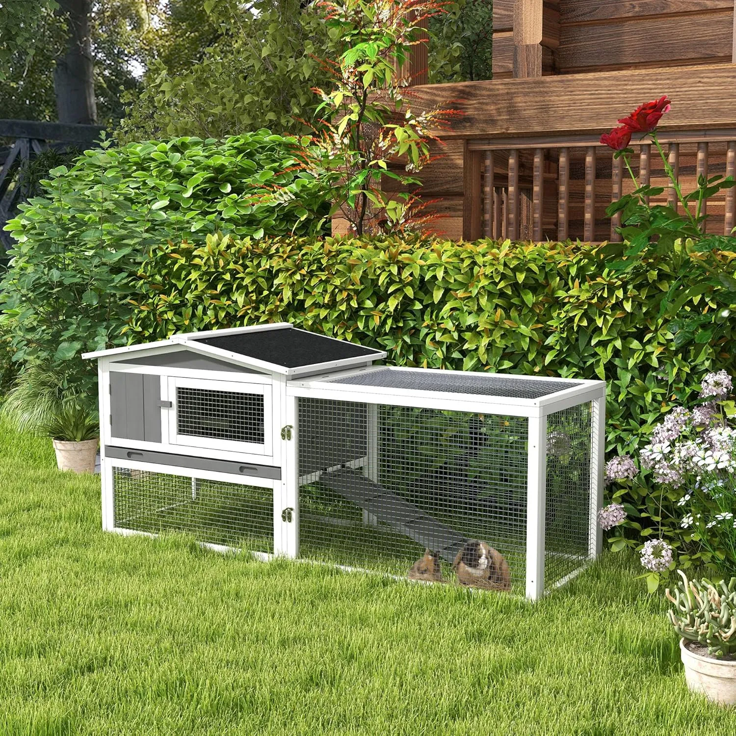 PawHut Rabbit Hutch 2-Story Bunny Cage, Guinea Pig Cage, Small Animal House with Slide Out Tray, for Indoor Outdoor, 61.5" x 23" x 27", Light Gray